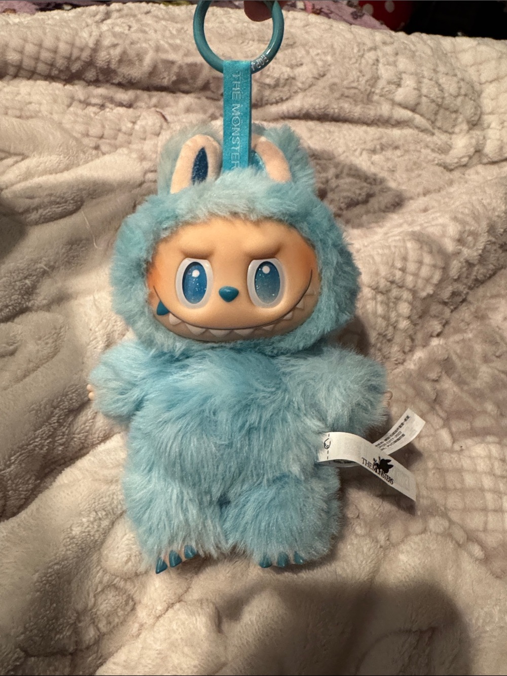 THE MONSTERS AUTHENTIC LABUBU Blue Furry Plush Keychain POPMART Logo